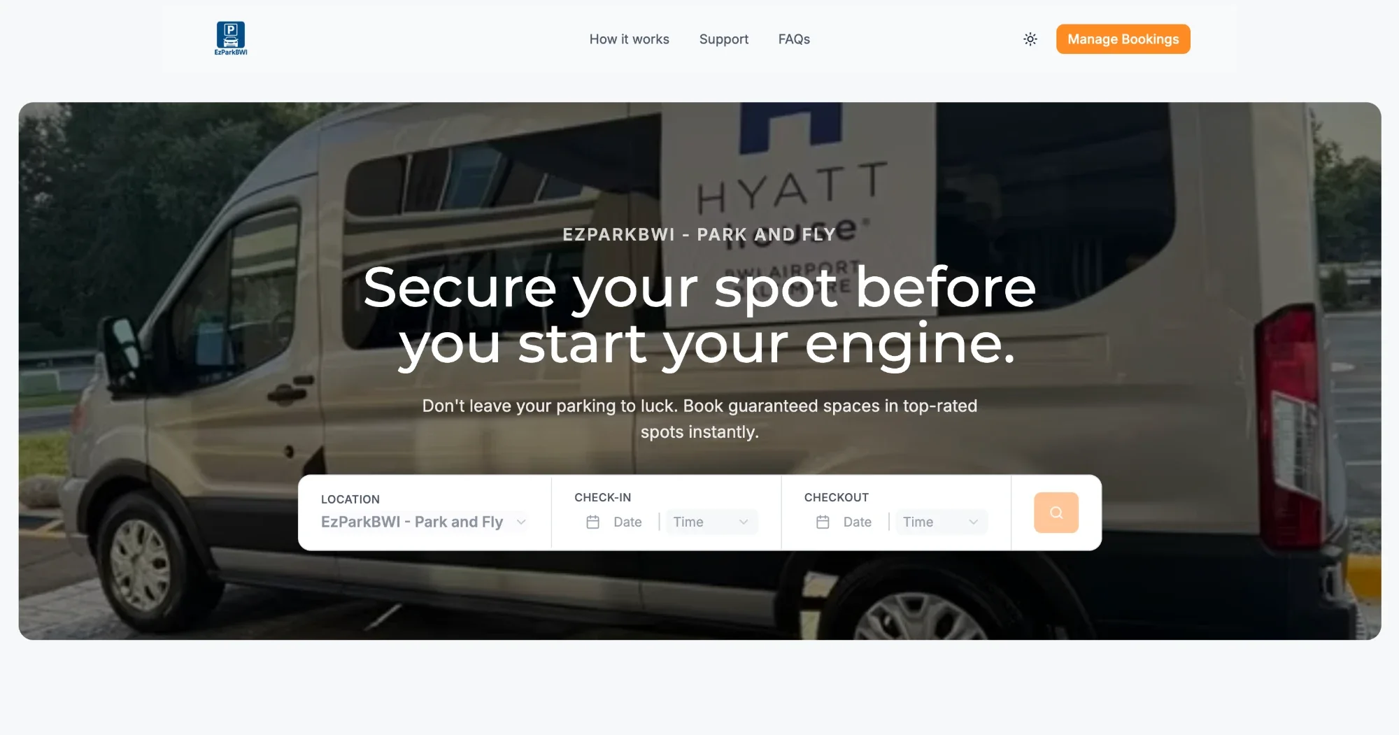 ezparkbwi homepage with a parking search for location, check-in, and checkout